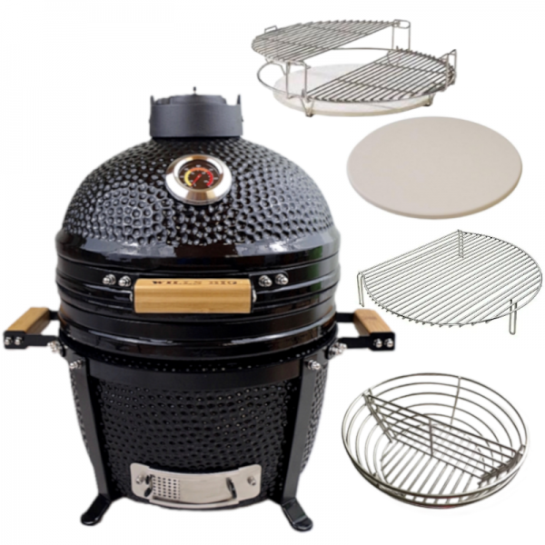 WILLS BIG Kamado Grill 15" inkl. teilbares Grillset Divide & Conquer + Pizzastein zubehör